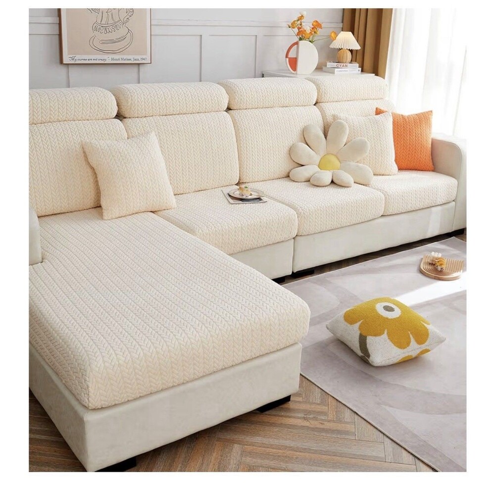 sofa couch cover chaise lounge slip cover Elastic Beige Chaise Cover Only